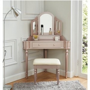 Vanity 002 - Finish: Rose Pink<br><br>Available in White<br><br><b>DIMENSIONS</b><br><br>Table: 37 1/2 L X 19 1/2 W X 34 H<br><br>Stool: 19 1/4 W 15 D X 17 H
<br><br>Mirror: 28 1/4 L X 1 W X 19 1/4 H